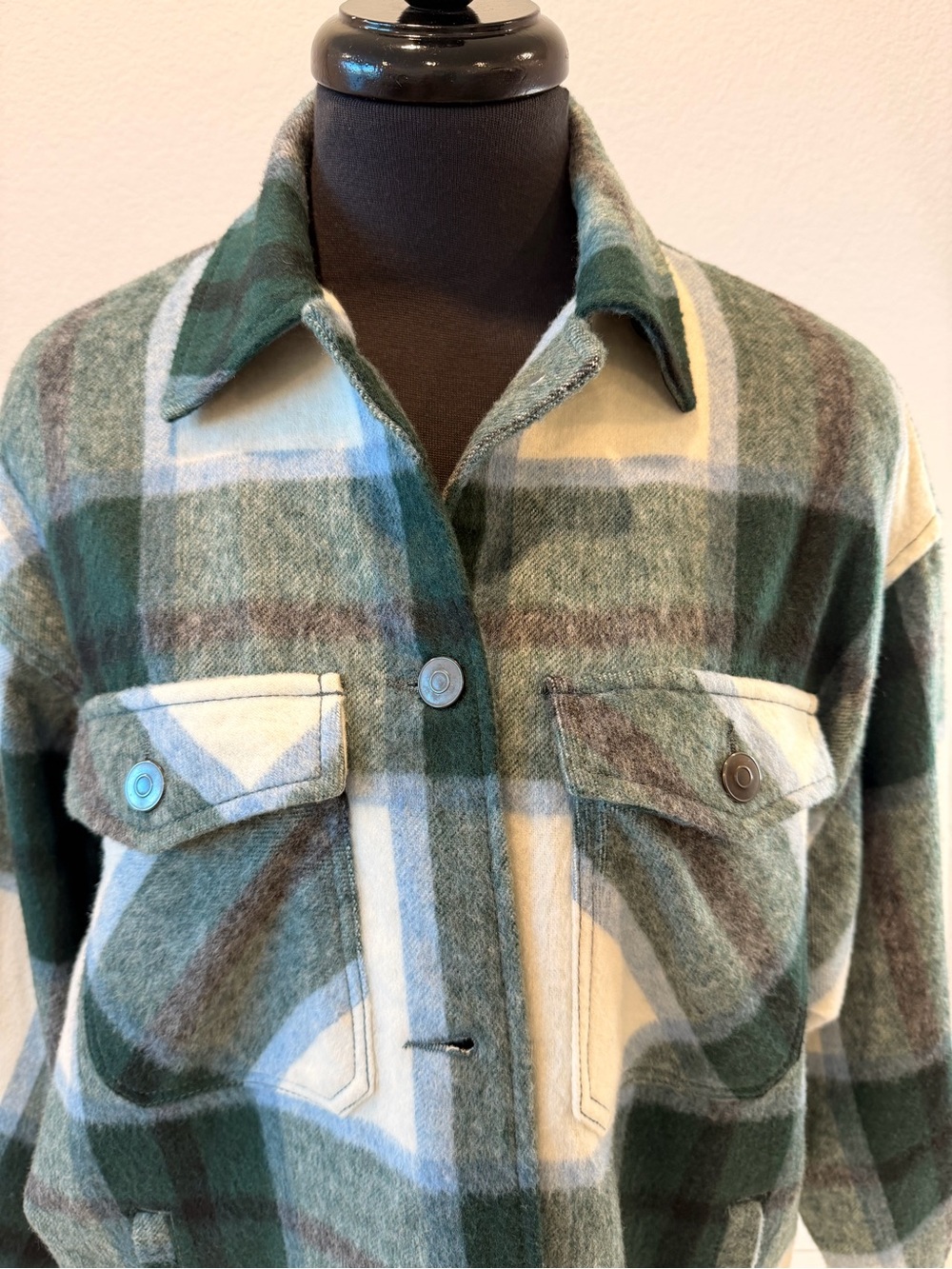 Zara Green Cream Plaid Teddy Jacket